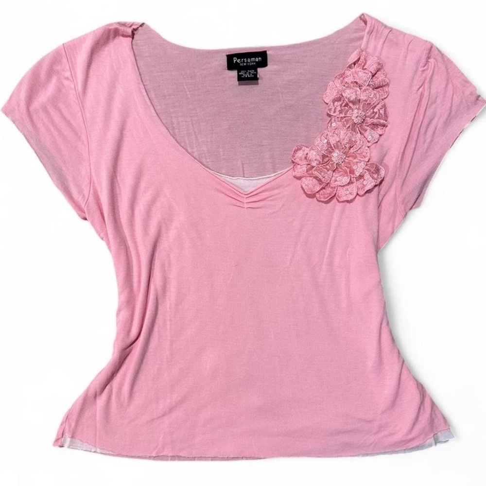 Persaman New York Pink Blouse with Floral Accent